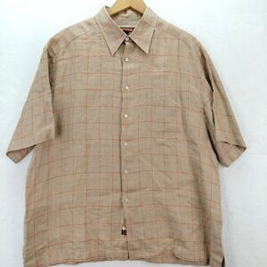 Bullock & Jones Shirt Men XL Brown Plaid 100% Linen Short Sleeve Button Up Beach